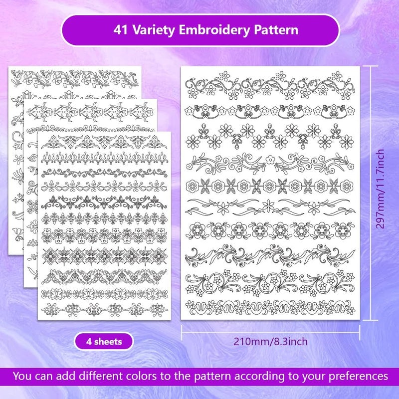 ORIGACH 4 Sheets Water Soluble Embroidery Patterns Stabilizers - Pre-Printed Borders Designs - Stick & Stitch Embroidery Paper for Hand Sewing Lovers - Image 2